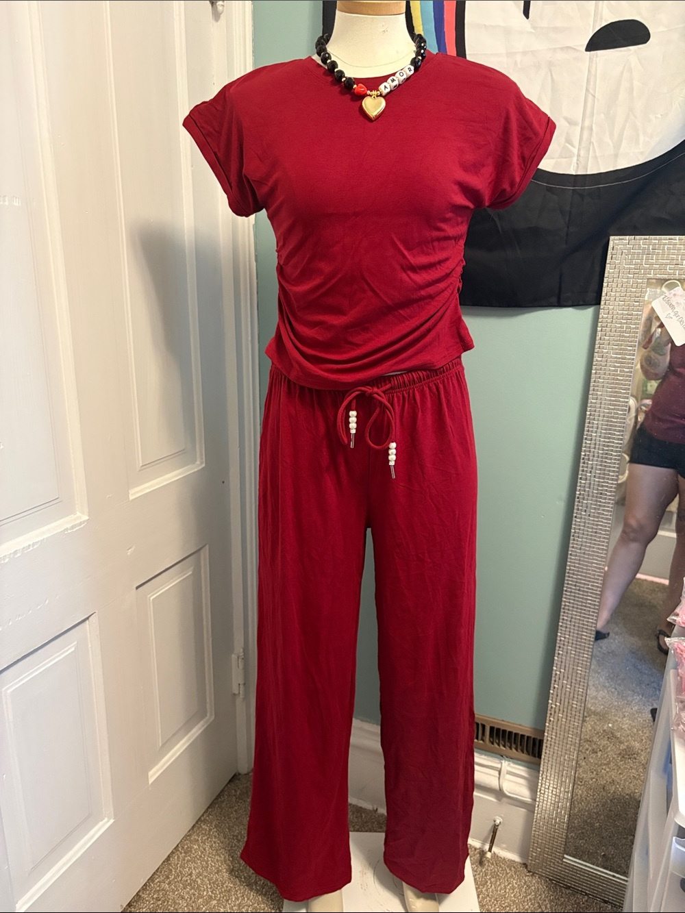 Casual Red Two-Piece Jumpsuit Set